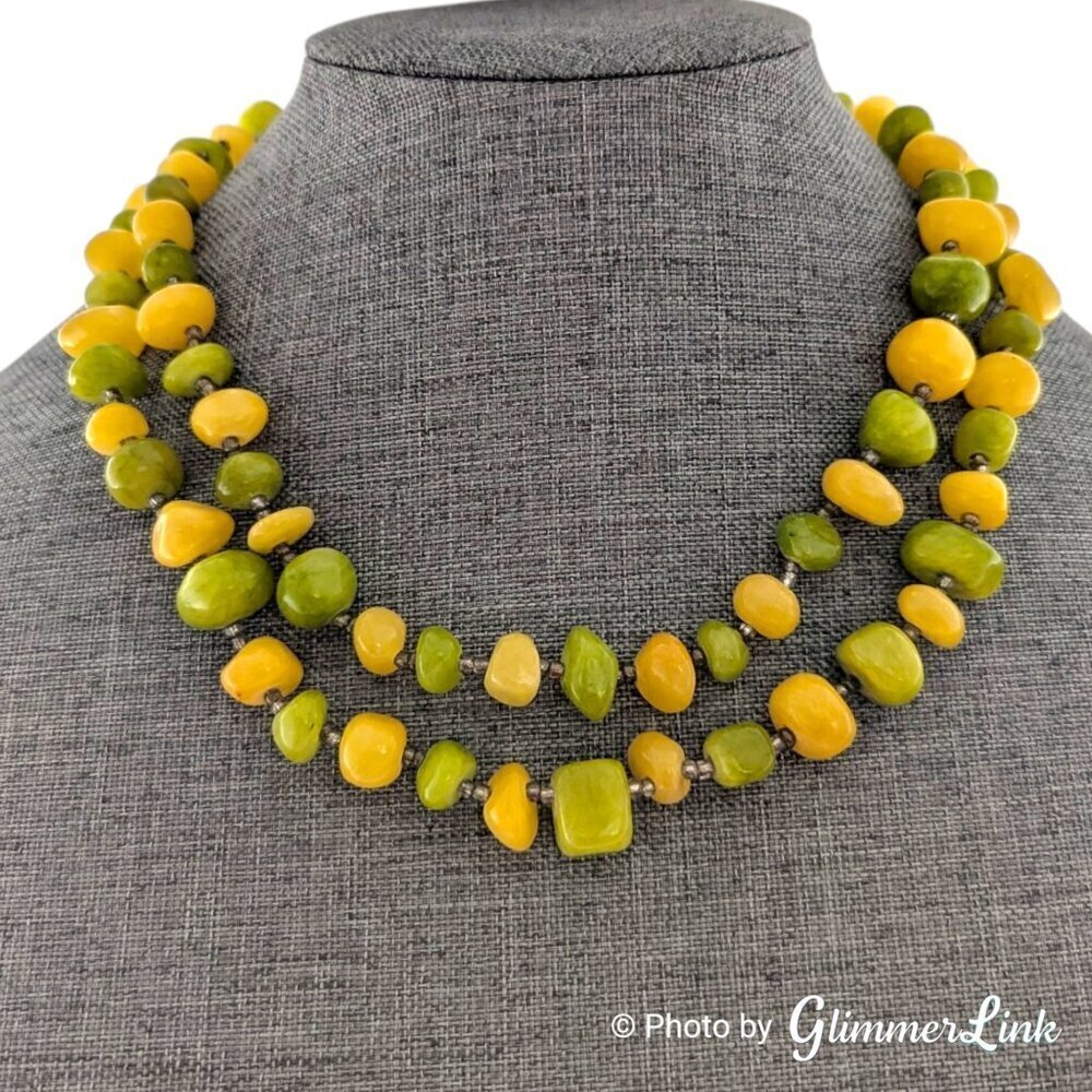Double Strand Layered Yellow & Green Glass Beaded Necklace